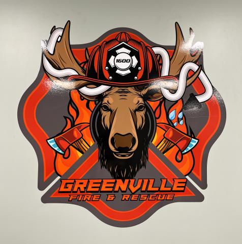 The Greenville Fire and Rescue logo has a moose in the center of a red design.