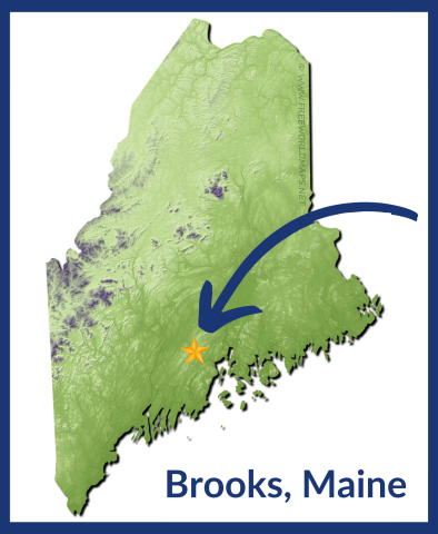 A map of Maine shows the location of the town of Brooks on the midcoast.