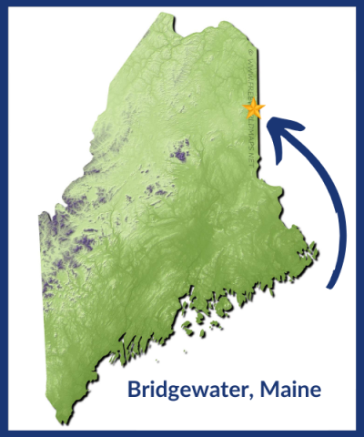 A map of Maine shows the location of the town of Bridgewater, along the Canadian border on the northeastern side of the state.