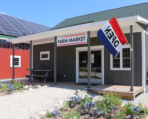 The Replenova Farm store is pictured with an "open" flag flying. it is a gray building with a front porch. Beside it is a red barn with solar panels on the roof. Both are shown under a bright blue sky.