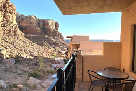 Scenic view from a hotel room balcony at Bluff Dwellings Resort.