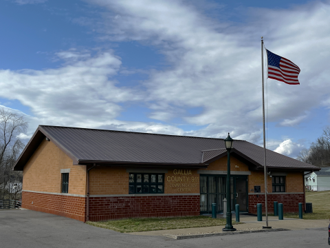 Building with flag flying and blue sky