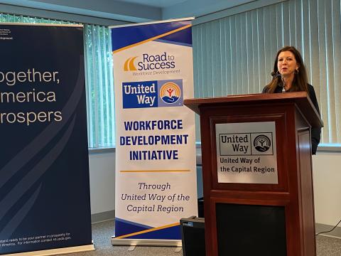USDA’s Administrator for the Rural Business and Cooperative Service Betsy Dirksen Londrigan announces an RBDG award at the United Way of the Capital Region in Harrisburg, Pa., on Aug. 22, 2024.