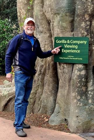 A casually dressed man stands on a walkway before a large tree with a sign reading, "Gorilla and Company Viewing Experience." The scene is at the Jacksonville Zoo.