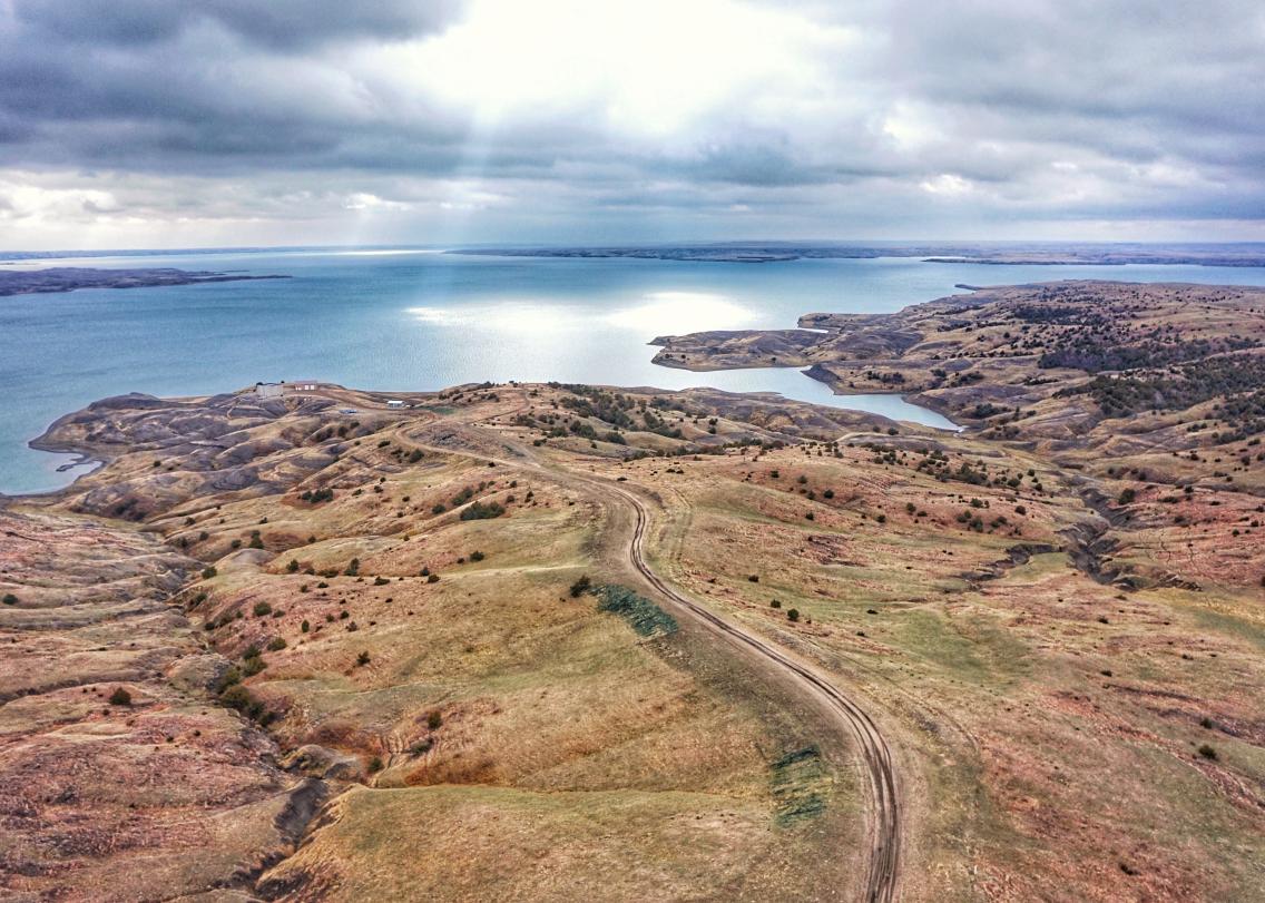 Aerial photo of Mni Waste Water Company water intake at the Missouri River east of Eagle Butte, SD