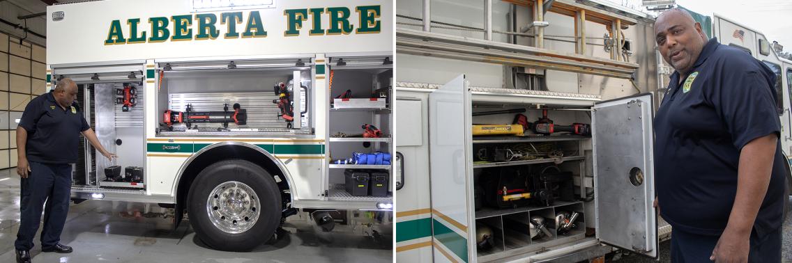 Equipment bins on the new and old pumpers