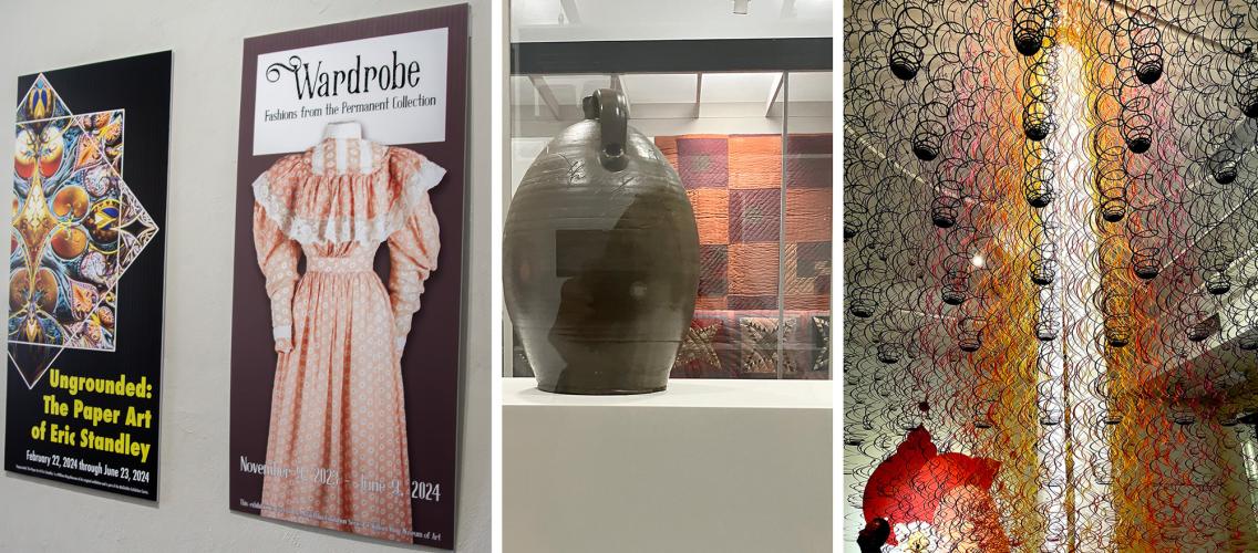Composite image of exhibit posters, cultural heritage items and paper art