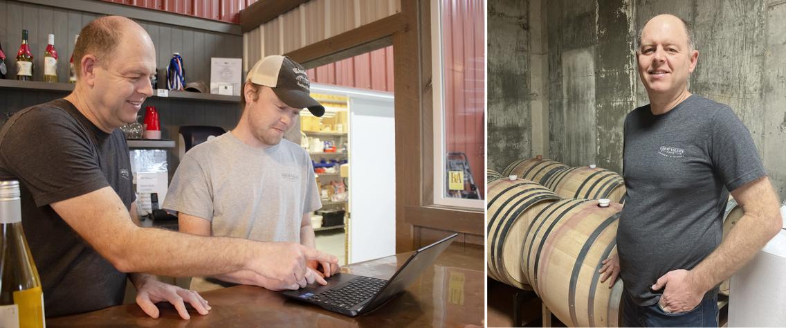 Composite image of Nathan Bailey in the tasting room and in a storage room with wine casks