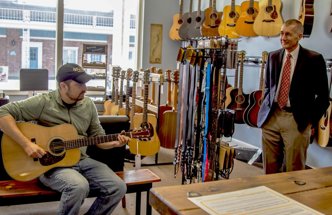 Seal's passion for playing was on full display during a recent visit with George Reed and Stephanie Duffy from the Waynesboro EDA stopped by the store for a visit