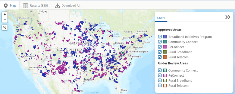 The Public Searchable Map Database replaces the Telecommunications Program Funded Service Areas Map, and includes enhanced functionality such as advanced Search Filters and a downloadable Results Table.