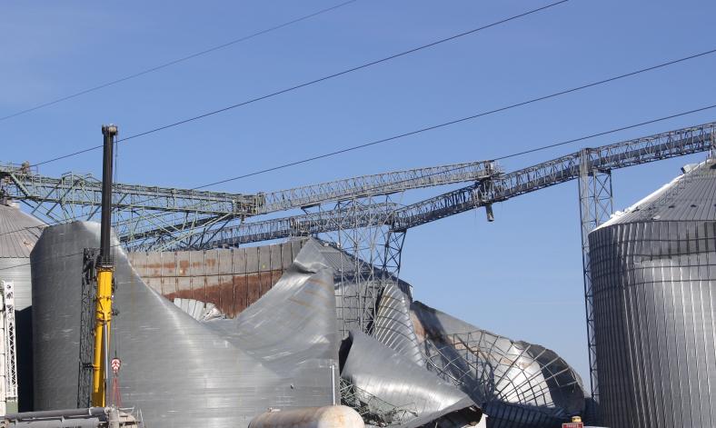 An agricultural storage facility damaged by a derecho in Iowa in 2021.