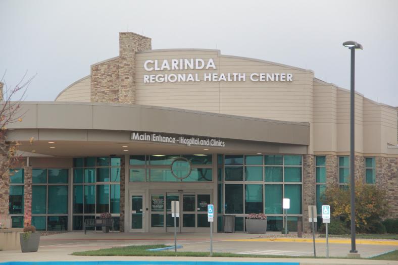 The main entrance of Clarinda Regional Health Center in Clarinda, Iowa
