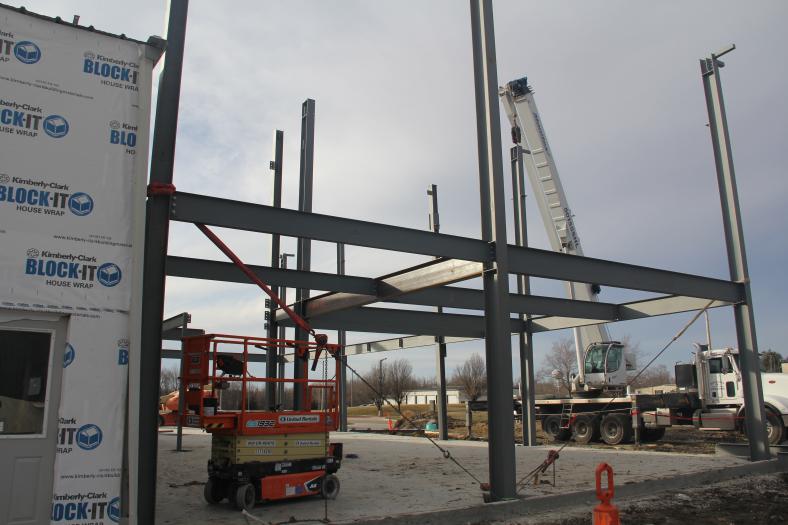 Supports go up for the superstructure of the new expansion at Mid-States Material Handling and Fabrication in Nevada, Iowa