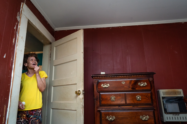 A woman looks at her freshly repaired and painted ceiling.