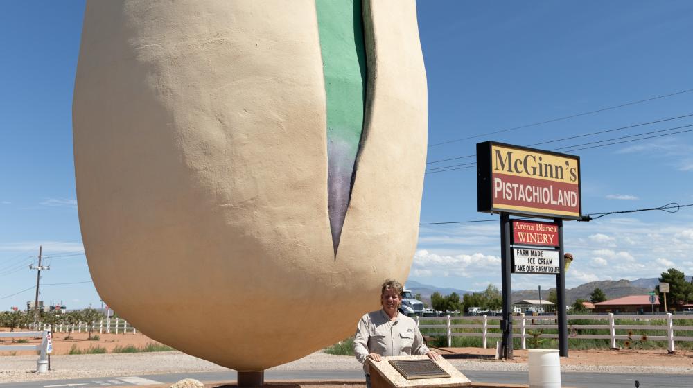 Man standing next to world's largest pistachio