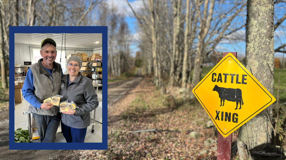 A photo of a man and a woman holding packages of cheese and smiling is inset against a photo of a long driveway bordered by trees and fields with a "cattle crossing" sign on the right side.