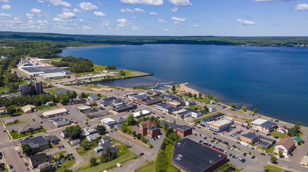 Overhead view of L'Anse with buildings and water