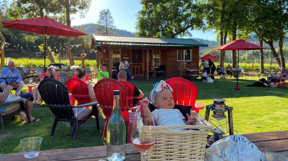 A baby in a basket sits on a table next to a board game and a wine glass. Behind them, family and friends gather on green grass beneath a blue sky for what appears to be a picnic or some kind of gathering with tables and umbrellas.