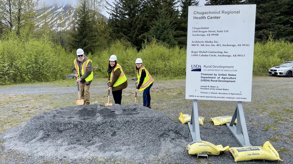 Leaders from USDA Rural Development and Sen. Murkowski's office break ground for the Chugachmiut Regional Health Center.