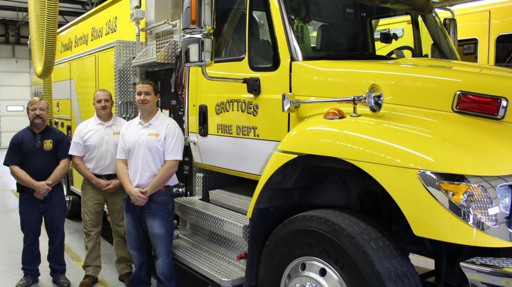 [From left to right] Grottoes Volunteer Fire Department board members Jeff Morris, Captain CJ Chandler and Assistant Chief Chandler Hardy pictured in front of fire protection equipment purchased with the help of a $50,000 USDA Rural Development grant.