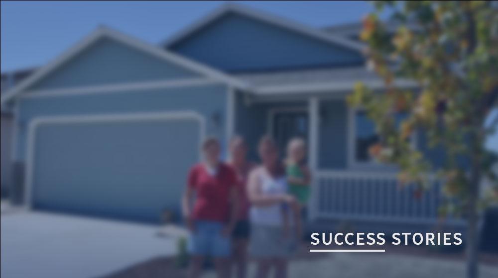 Graphic of a smiling family with the words Success Stories on it.