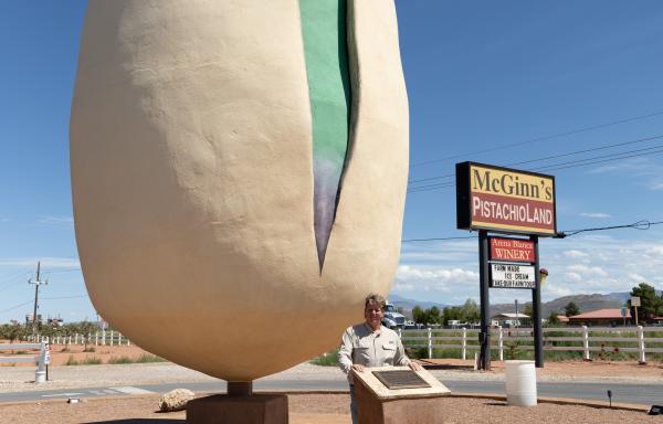 Man standing next to world's largest pistachio