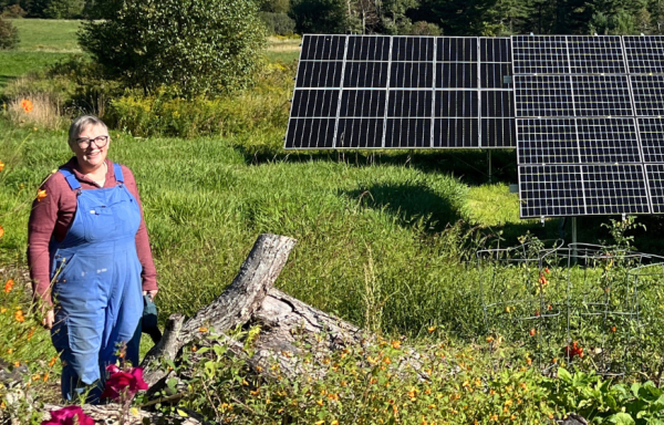 A woman wearing denim overalls stands in a green field with flowers in the foreground and solar panels and trees in the background.