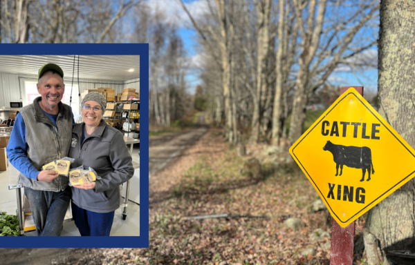A photo of a man and a woman holding packages of cheese and smiling is inset against a photo of a long driveway bordered by trees and fields with a "cattle crossing" sign on the right side. 