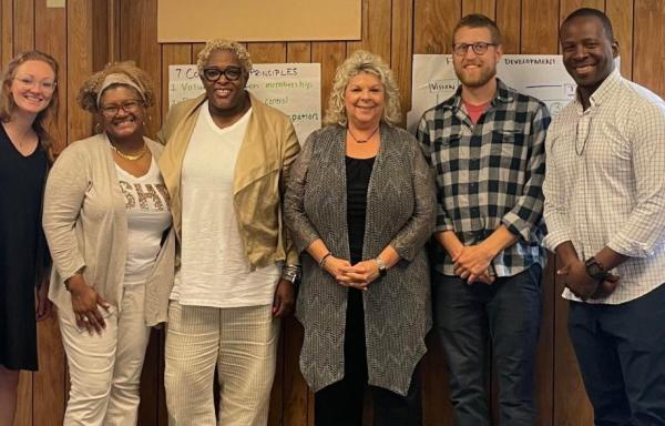 From left to right, Autumn Vogel, a cooperative developer at Keystone Development Center; Aliquippa Food Co-op team members: Carla McCoy; Tamu Gilbert, director of the Darrelle Revis Foundation; Mary Alice Gettings, educator with Penn State Extension Beaver County; Dave Slebodnik, owner of Sprout Project Management and Big Table Urban Farm in Beaver Falls, Pa.; Tyrone Patillo, principal with Premier Developments LLC. 