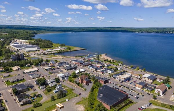Overhead view of L'Anse with buildings and water