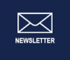 White outline of an envelope on a blue background. Text reads "newsletter"