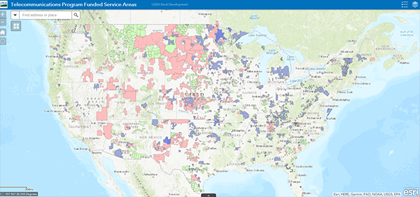 Image of a US map with data points for telecommunications program funded